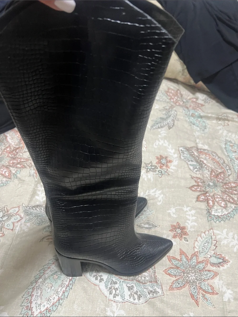 Black Croc-Embossed Knee Boots - Women's Fashion Boots